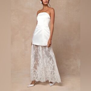 Lulu's Strapless Satin Mini Dress with Lace Overlay Skirt in White